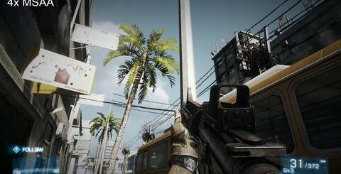 No anti-aliasing in the first shot and then we apply the various forms of AA the PC version of Battlefield 3 offers. The opportunity to utilise both post-process AA and 4x MSAA in the Ultra mode provides the best of both worlds.