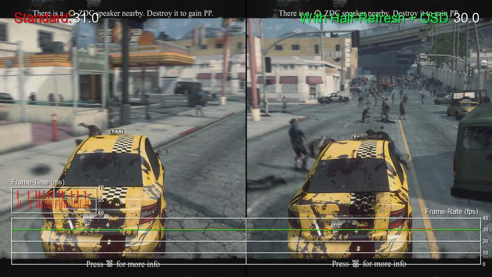 This image highlights performance when running a PC game with a 30fps cap with and without additional adjustments made outside of the game. By default, frame consistency is uneven and produces visible micro-stuttering - as visualised by the red line in the frame-time graph on the left.