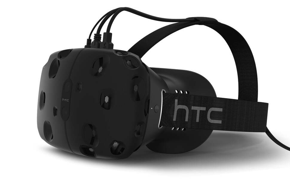 The 'production look' for the HTC Vive head-mounted display. The model used by Valve for its GDC 2015 demos is considerably less refined and we had issues wearing it with glasses, though apparently this was not an issue for many.