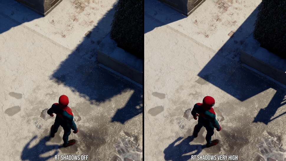 RT shadows are a big improvement but there are edge cases where they don't look quite right. Compare and contrast the shadow cast here by a sculpted bush - it's too boxey on the RT side