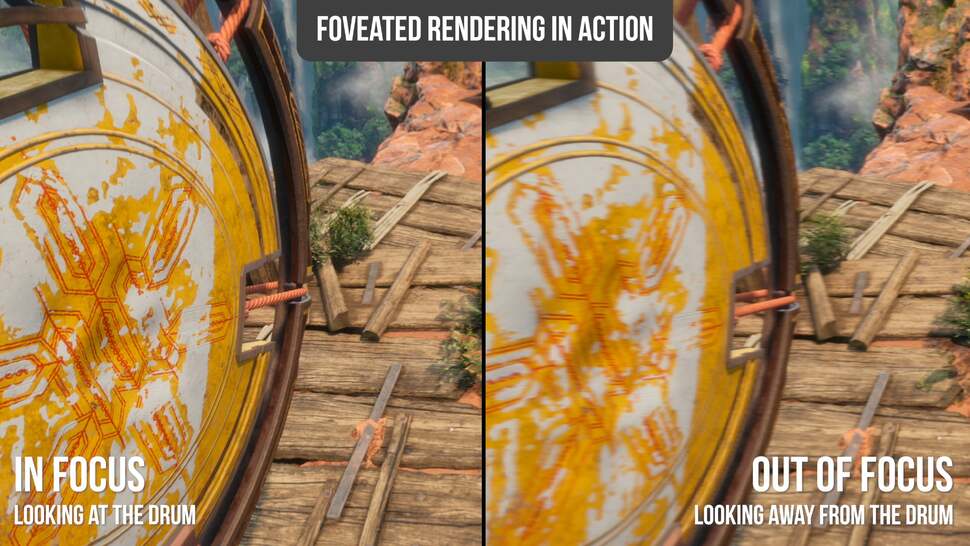 Foveated rendering at work. Resolution density is targeted at where the eye is looking. In this shot we're looking at the drum on the left, then away from it, with detail level shifting accordingly. As the low detail area is in peripheral vision, you don't notice the drop in fidelity
