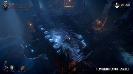 A 'flash light' system follows the player at all times, illuminating the area around the player for better readability of the scene.