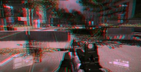 Grab your paper glasses! On the left we have a single eye view, on the right an anaglyph representation of the 3D effect. Anaglyph is still used, even by professionals, in viewing 3D content on a 2D screen and does a pretty good job here of demonstrating Crysis 2's implementation.