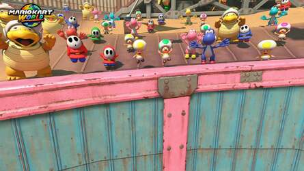 Mario Kart 8 used a mixture of 3D characters and 2D sprites for the surrounding crowds. They're all full 3D in Mario Kart World and, curiously, always face the player camera - even in photo mode.