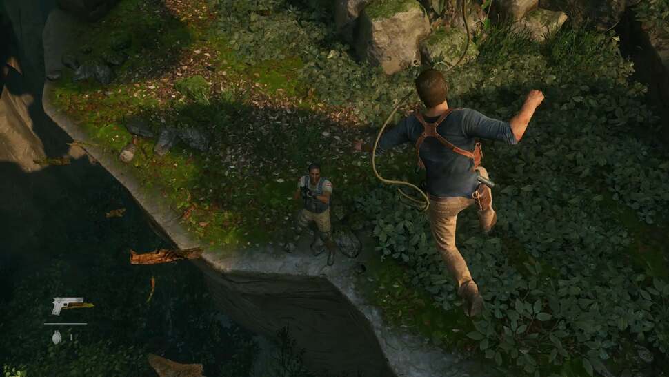 Here we see a still shot of the impressive rope deformation. Note the lack of obvious geometric edges in this shot. The animation used to roll up the rope after use is also rather nice