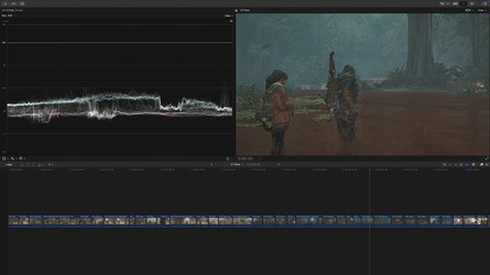 Weirdly, Monster Hunter Wilds has relatively lifted blacks and depressed highlights - as shown here in Final Cut Pro's luma scope - for a look that's quite grey overall. Brighter areas with more contrast fare better, but it's still an odd choice that doesn't have precedence in prior series entries.