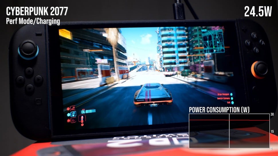 Maximum power draw measured comes from charging Switch 2 in handheld mode, where we maxed at 24.5W. That power services charging the battery and running gameplay - but what happens when battery is maxed?