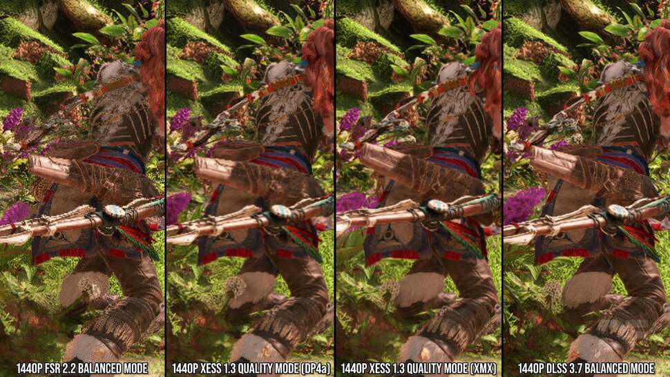 AMD FSR 2 vs Intel's dual XeSS solutions vs Nvidia DLSS 3.7 (Model E). Click on the thumbnail for a higher quality image.