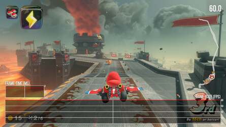 Whether played docked or in handheld mode, Mario Kart locks to 60fps. The only exception is the 30fps photo mode. Docked mode runs at a native 1440p with post-process anti-aliasing, while handheld is a native 1080p with no AA at all.