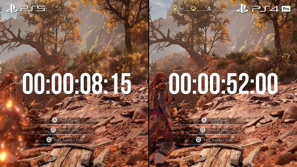 Of course, loading times are vastly improved on PS5 - good for fast travel. While content is like-for-like, remember that PS5 asset quality (and thus data throughput) are much higher, making the loading time reduction even more impressive