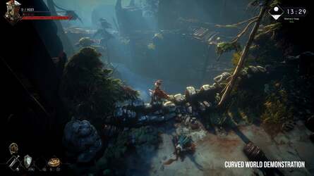 The curved world system takes inspiration from Animal Crossing, literally curving the world to enhanced draw distances are you can see by looking yonder in these two shots.