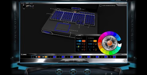 You can use the pre-installed AlienFX software to set up your own LED fireworks display (as seen top-left). Having these lights pulsate and switch colour in each segment of the keyboard, trackpad, logos and speakers is entertaining, but too much of a distraction to maintain during gaming.