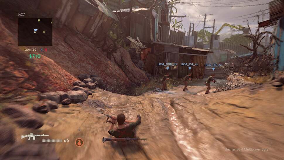 Plucked from the single player experience, this mud slide doesn't cause any extra wear to Nathan Drake's clothing - one of several cut-backs to hit a 60fps target