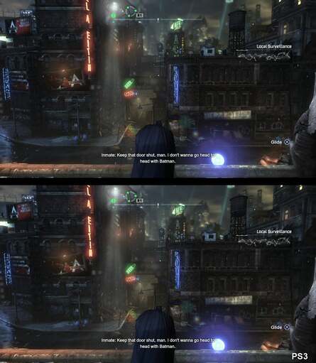 Another 3D comparison shot of Batman: Arkham City on the Xbox 360 (left) and PlayStation 3. Despite the HDMI 1.4 display format being the same, the Xbox 360 gets a very strange blur added.
