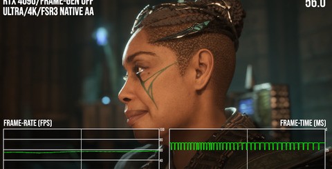 Headline frame-rate improvements are highly impressive, as you can see here with both AMD and Nvidia flagships tested. However, in the second group of figures, something's up with frame-pacing. 56fps via frame-gen has highly variable frame-times that a 'native' 56fps does not. It's not a GPU problem - the 4090 had the horsepower to show you how v-sync should present in a 120Hz container at a similar frame-rate.