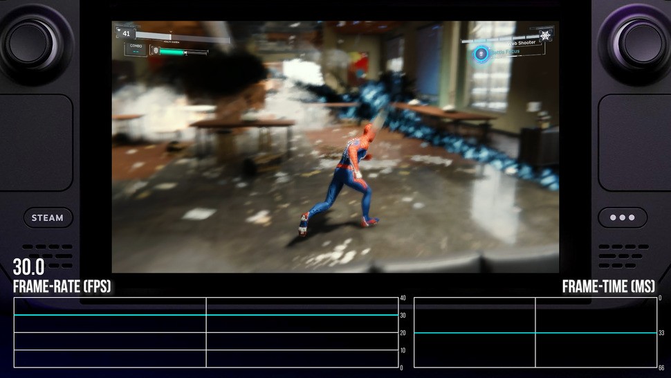 While not a perfect 30fps, Steam Deck on tweaked high settings still manages to hold a good level of performance in city swinging and in areas with heavy effects work, like this