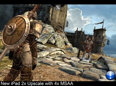 The presentation of older 3D iPad games running at the original 1024x768 resolution can vary dramatically. On the left we see that with multi-sample anti-aliasing engaged, jaggies are smoothed off nicely and the upscaling looks decent enough. However, 3D imagery with no AA suffers significantly, with lots of pixel-crawl in motion.