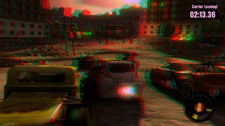 It's a shame we can't really highlight how cool MotorStorm Apocalypse's 3D mode is on a 2D website, but at least here you can get some small idea - grab hold of your red/blue paper glasses and enjoy an anaglyph shot of 3D gameplay, with the conventional 2D view also included.