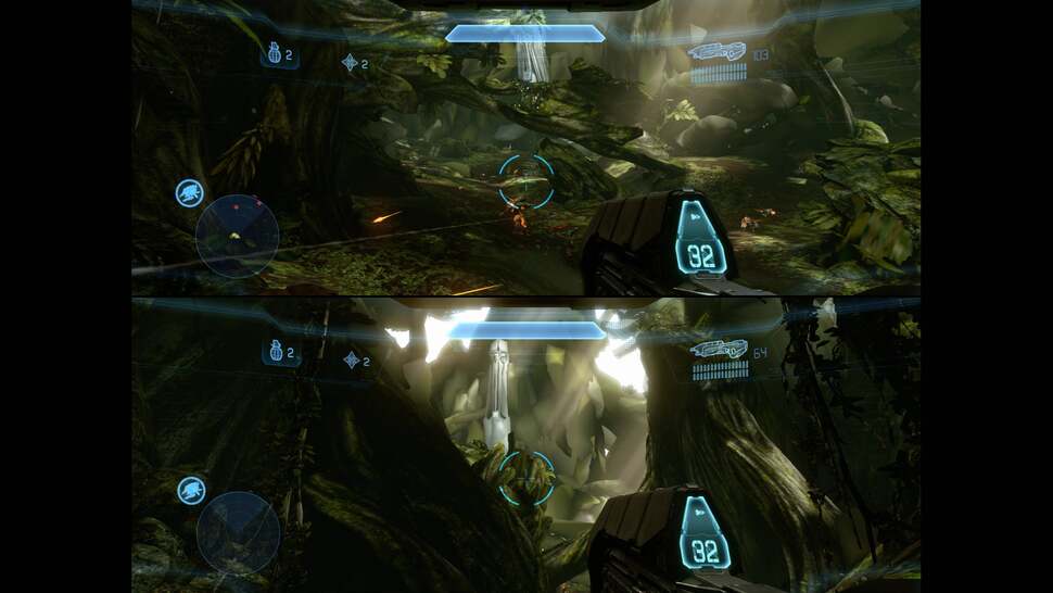 Unfortunately all that detail is lost in split-screen mode - background elements are reduced to flat shaded polygons at points. It's not an issue of loading, as the assets appear and fade away based on proximity