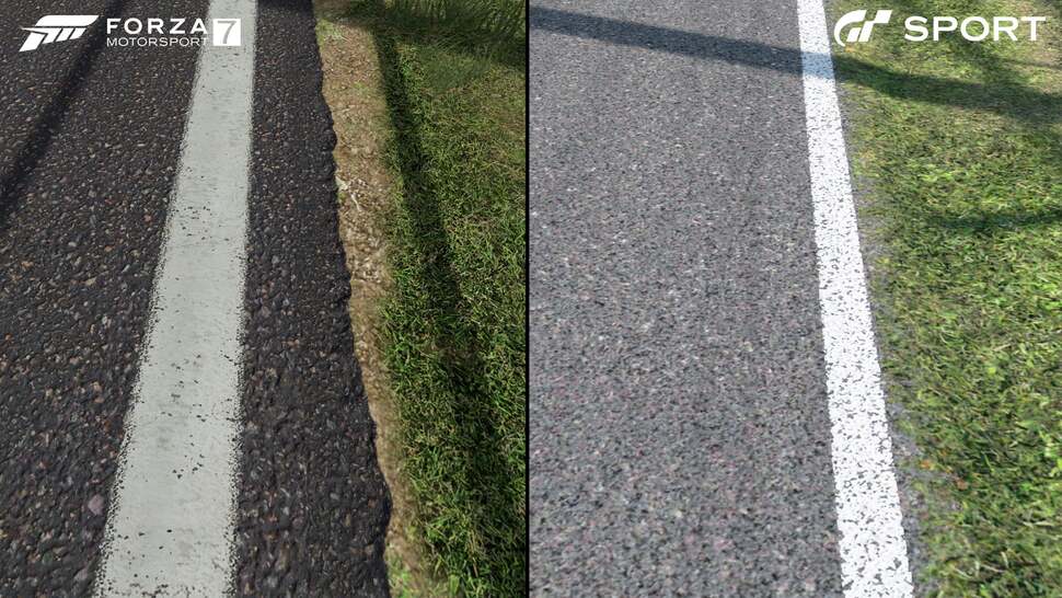 Forza 7 has an advantage over GT Sport when it comes to texture resolution. Even with the camera closer to the textures, details appear sharper and more refined in Turn 10's game