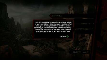Rage on Xbox 360 politely informs you that best performance is obtained by installing the discs to HDD (left). A full install (right) takes some time, but as each disc is self-contained, there's nothing to stop you installing and deinstalling as you need them.