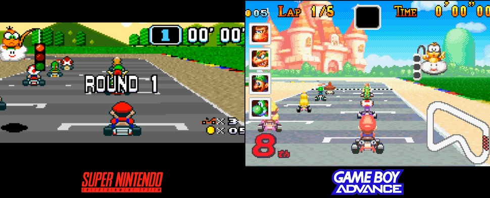 Super Mario Kart has a brace of non-polygon, Mode 7 offerings - the original release and Super Circuit on Game Boy Advance. Despite dropping the racing plane to 30Hz on handheld, the Advance version pushed visuals to a new level. It's a fitting send-off to the Mode 7 era.
