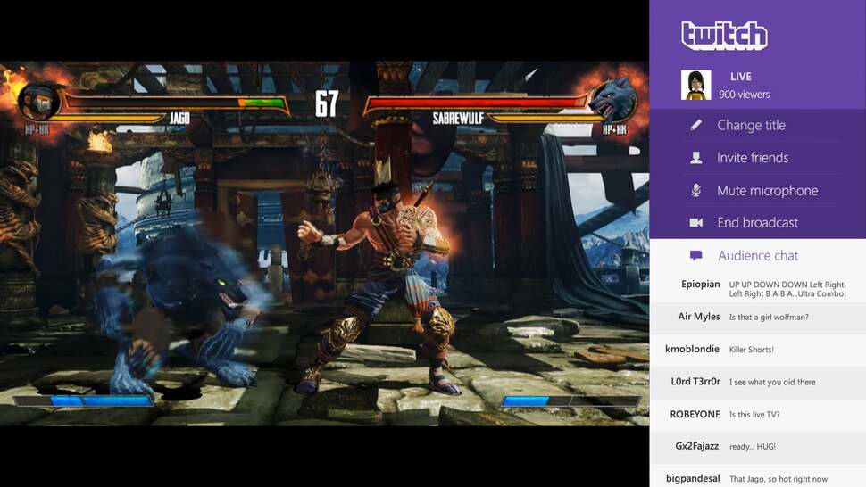 An example of an app - in this case Twitch - attached to gameplay. Here we see that the 1080p gameplay framebuffer is scaled down. In the test game we saw at Gamescom, the action was squeezed horizontally to the left to accommodate the video upload app. Microsoft tells us that developers can choose what happens to the display when a snapped app is added.