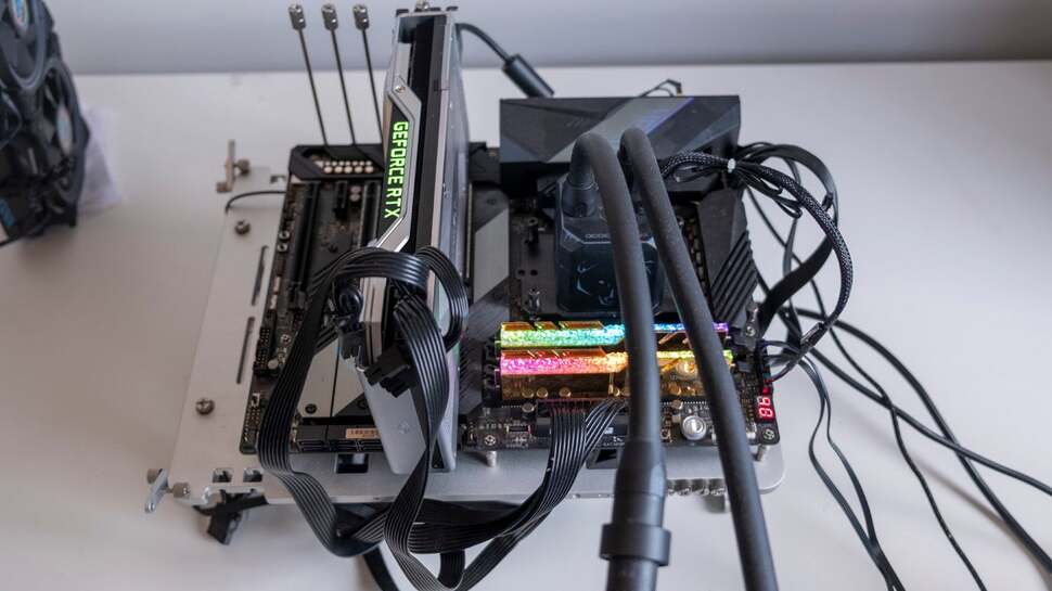 Our test setup for our AMD processors, running on the Asus ROG Crosshair 8 Hero