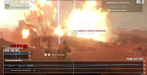 Performance mode is where it's at with Helldivers 2 on PS5 Pro. The 60fps mode works well enough, but in the most punishing end-game content, drops into the 40s are possible. Despite the higher resolution, frame-rates are more stable than the base PS5.