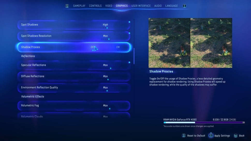 The settings menu here is a thing of beauty, with pips indicating how many options are available for each setting, preview images showing the effects of settings choices and a VRAM metre. To get the 'max' settings seen here, you'll need to run the game with the <strong>-unlockmaxsettings</strong> command line argument in the Ubisoft Connect launcher. <span class="attribution">Image credit: <cite>Ubisoft Massive</cite></span>