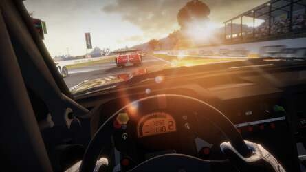 On the left we see an early implementation of Shift 2's helmet cam, with a distracting reflection on the visor which was eventually removed. To the right we see the advantages of a deferred rendering scheme, which adds considerably to the realism of lighting in-game.