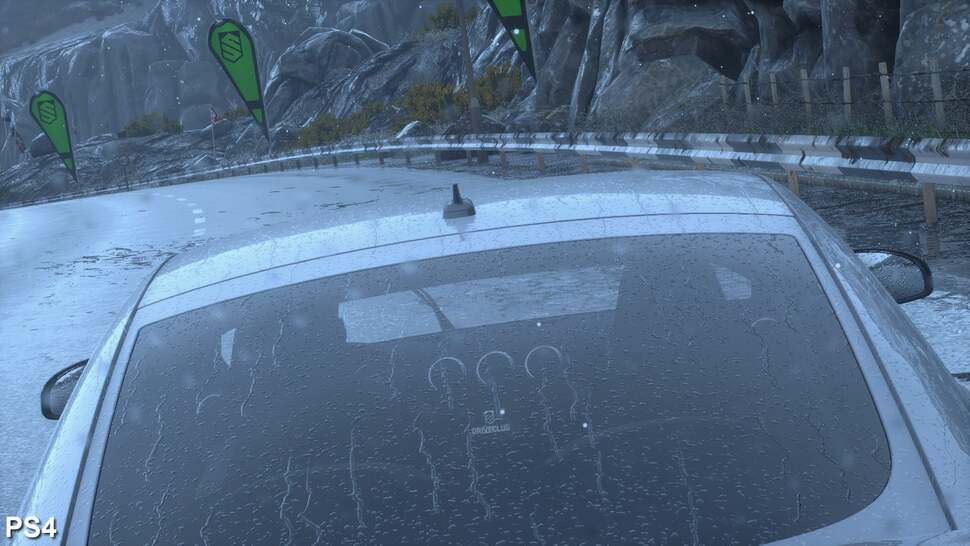 Here we can see the difference in the way rain is displayed across the car's paint surface. It looks great in both games but there is clearly more detail in the rain with DriveClub. Also note the additional reflection of the car's antenna nub