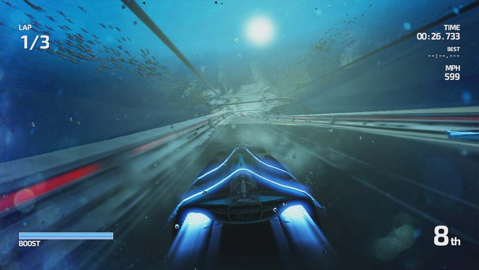 Nothing says old-school like a submerged glass tunnel section. Edges of fast moving objects tend to exhibit vertical interlacing artefacts that can prove distracting at times.