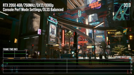 Here's how our ultra-low spec Ampere GPU copes with Cyberpunk 2077 2.0 tuned to PS5's performance mode settings with DLSS at 1080p balanced mode. Essentially, we're looking at 25fps to 30fps. Judge the image quality yourself by clicking on the thumbnails.