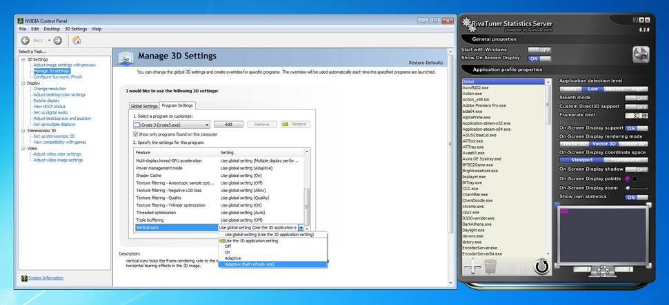 Half-refresh adaptive v-sync and the frame-rate limiter in Riva Tuner Statistics Server are the tools of choice for ensuring a consistent 30fps update in your PC software. Click on the shot above to get a closer look at the options.