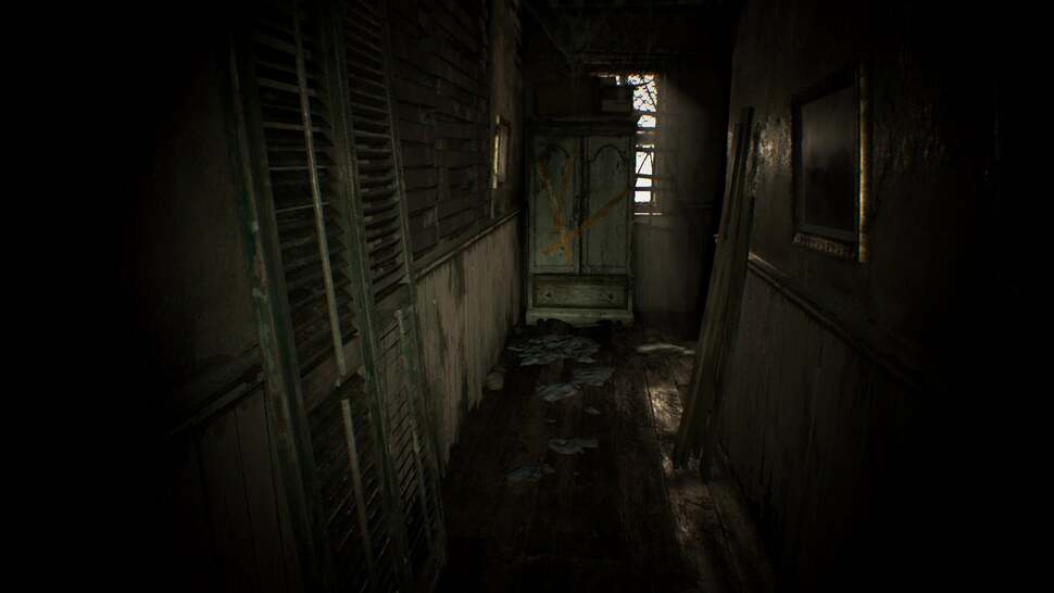 Bloom and light shafts penetrate through gaps in boarded-up windows, adding an eerie ambience to environment