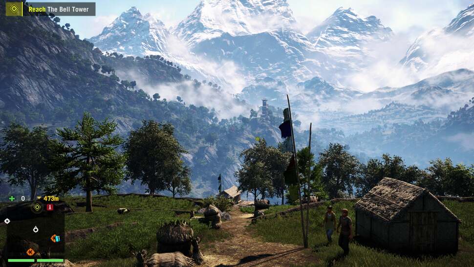 Far Cry 4 blends a striking skybox with an explorable game world. It's presented at full 1080p on PS4, backed up by HRAA: a mix of temporal and morphological anti-aliasing methods