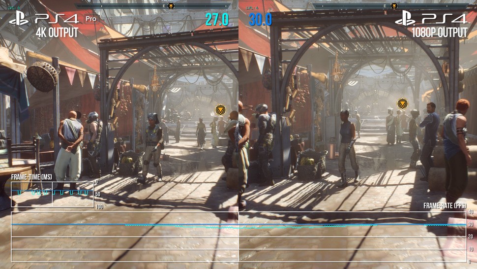 Setting the Pro to 1080p video output locks the game to 1080p30 - and only mild streaming stutter in the overworld impacts the flow of the game