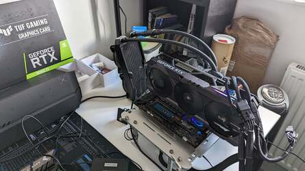 Our test bed hosts its largest ever graphics card - complete with two hydra head's worth of power pins.