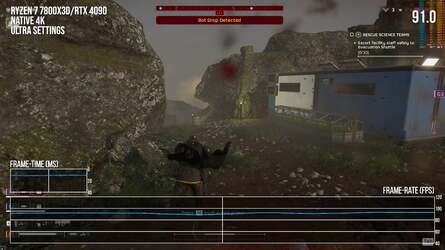 A look at Helldivers 2's general performance level on 1080p medium settings (left) with a Ryzen 5 3600 and an RTX 2070 Super, while on the right, it's the maxed out experience with a Ryzen 7 7800X3D paired with the RTX 4090.