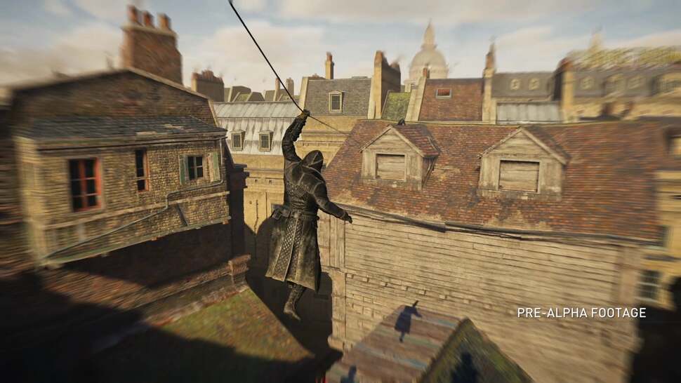 A grappling hook of sorts is added to the gameplay mix, allowing the assassins to quickly reach the rooftops. The new equipment also doubles as a zipline. The sense of speed here is amplified via a motion blur effect