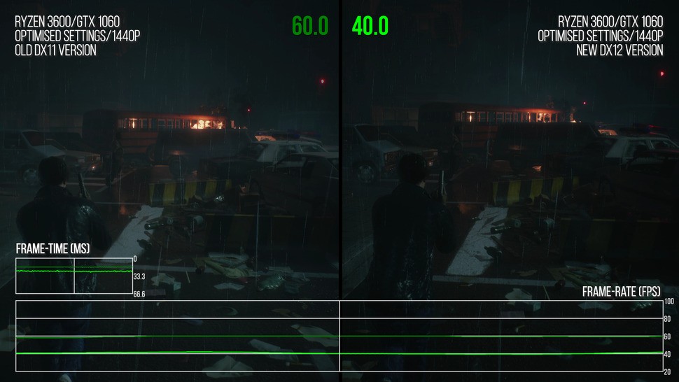 The same visual quality, old version vs new. With GTX 1060 here, we're losing a third of the performance for no good reason. There's literally no good reason for an owner of a non-RT capable GPU to use the newly patched build