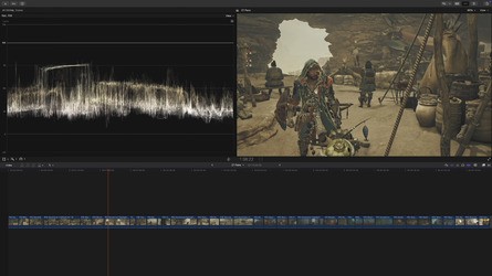 Weirdly, Monster Hunter Wilds has relatively lifted blacks and depressed highlights - as shown here in Final Cut Pro's luma scope - for a look that's quite grey overall. Brighter areas with more contrast fare better, but it's still an odd choice that doesn't have precedence in prior series entries.