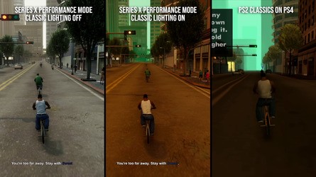 The classic lighting mode hews much closer to the look of the original games, particularly in San Andreas.