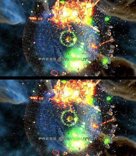 Two full 720p stereo 3D HDMI framebuffers, culled from the PlayStation 3 versions of Super Stardust HD and WipEout HD. Two images, one per eye, transmitted at 60Hz with an overall resolution of 1280x1470. It's the standard for 720p 3D on PS3. Doubts remain as to whether the 360 can use this exact 3D format.