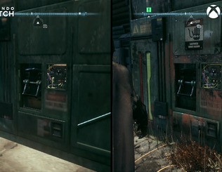 Switch versus Xbox One S, from left to right: degraded texture detail and material properties with missing indicators, grime and grass on an electrical panel; lost lighting detail and fully transparent glass in a cabinet; completely missing ambient occlusion in a bookshelf. Click to enlarge.