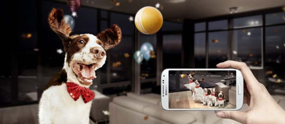 Dual-camera picture-in-picture snaps and multi-image composite 'drama shots' are some of the new photographic features found in the Galaxy S4. Canine bow-tie not included.