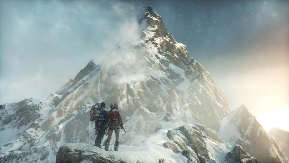 When the player is first handed control of Lara, a beautiful mountain awaits exploration. Post-processing, lighting effects, and modeling quality all comes together to create a truly remarkable first scene