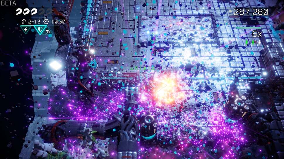 Using voxels allows for hundreds of particles on screen when blowing stuff up. Both scenery and enemies explode into pieces when hit, with each of these particles reacting realistically with each other and the environment