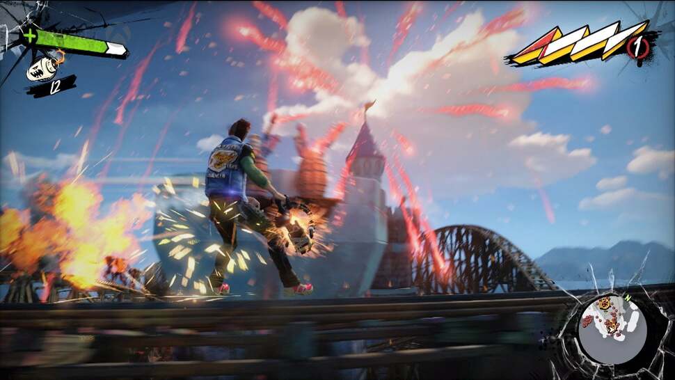 Frame-rate issues crop up around too many explosive effects, as shown here with the spray of flames and fireworks in the distance